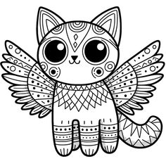 a black and white drawing of a cat with wings