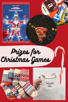 christmas games for kids to play in the holiday season with text overlay that reads, prizes for christmas games