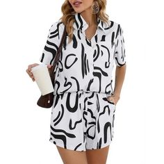 WhizMax Two Piece Set for Women Short Sleeve Sets 2 Piece Tracksuit Casual Loose Fit Outfits with Pockets Casual V-neck Summer Set, Summer Two-piece Set With Mini Length, White Two-piece Set For Summer, Two-piece Set Tops For Summer Day Out, Summer Two-piece Set Tops For Day Out, Two-piece Tops Set For Summer Day Out, Two-piece Summer Tops For Day Out, Casual Black Short Set For Summer, White Summer Mini Jumpsuits And Rompers