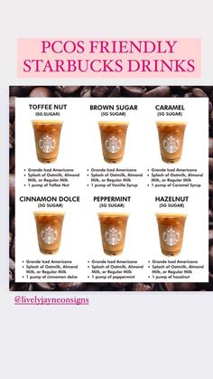 the starbucks drink list is shown with different types of drinks in each cup and on top of