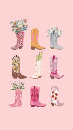 a pink background with cowboy boots and flowers on the bottom one is white, the other is pink