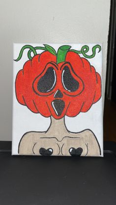 a painting of a woman with a pumpkin on her head