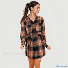 Orcajump - Grid-patterned Dress with Chest Pocket and Waist Tie Patterned Dress, Waist Circumference, Waist Tie, Dress Patterns, Chest Pocket