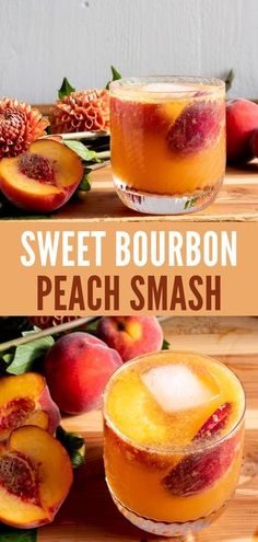 two glasses filled with peach smash on top of a cutting board