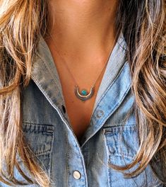 What better way to show off your bohemian style than with this crescent moon turquoise stone necklace. Pair it up with some of Moon & Milk's gemstone silver rings to take your outfit to the next level. A crescent moon pendant necklace with a natural turquoise stone bezel setting and a silver chain Stone: Natural Turquoise Chain: Sterling Silver Keywords: Communication, Honesty, and Luck Birthstone month: December Necklace length: 18 in. Nickel free "You change the world by being yourself." - Bohemian Moon Phase Necklace In Sterling Silver, Bohemian Sterling Silver Moon Phase Necklace, Bohemian Round Turquoise Necklace, Bohemian Sterling Silver Moon Phase Jewelry, Nickel Free Crescent Bohemian Necklaces, Bohemian Crescent Nickel-free Necklaces, Bohemian Moon Phase Round Pendant Jewelry, Nickel-free Crescent Bohemian Necklaces, Bohemian Crescent Moon Phase Jewelry