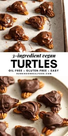 chocolate turtle cookies on a baking sheet with text overlay