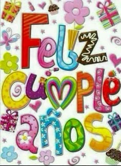 the words feliz cumple enos are made up of colorful letters and hearts