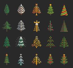 cross stitch christmas trees on black background