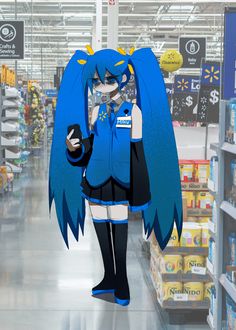 a cartoon character is walking down the aisle in a store with blue hair and black shoes