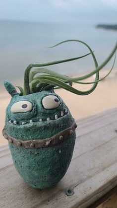 an odd looking planter sitting on top of a wooden table next to the ocean