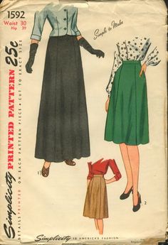 Simplicity 1592; ©1945; Women's Evening and Daytime Skirt: The skirt, cut in six sections, falls in an easy flare. It is joined to a waist band and finished with a side opening. Style I is evening length and Style II is street length. | Vintage Patterns Wikia Big Shoulders, Simplicity Patterns, Waist Band, Vintage Sewing, Vintage Patterns, Evening Wear, A Line Skirts