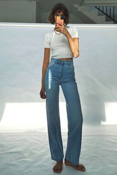 Buy Heidi Jean Old Stone Online | Rolla's Jeans Flare Shirt, Pocket Stitching, Old Stone, Fitted Top, Knit Tees, Cute Fits, Shirt Skirt, High Jeans, Wide Leg Jeans