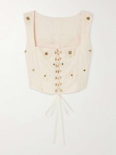 Cream Cornalina embellished embroidered linen bustier top | AGUA BY AGUA BENDITA | NET-A-PORTER Linen Bustier, Jean Trench Coat, Flat Dress Shoes, Dress Flats, Embroidered Linen, Winter Tops, Bustier Top, Everyday Wardrobe, Net A Porter