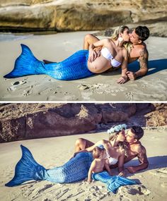 two women in bikinis on the beach with a blue mermaid tail and one man kissing her