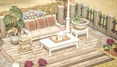 a painting of a living room with furniture and flowers on the ground in front of a fence