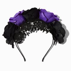 Claire's Purple & Black Roses Headband Dead Costume, Crown Hair Clip, Sensitive Ears Earrings, Piercing Kit, Flower Crown Hairstyle, Goth Accessories, Rose Headband, Special Occasion Hairstyles, Pastel Goth Fashion