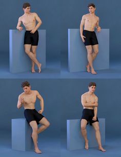 four different poses of a man with no shirt on, wearing black trunks and holding his leg up in the air