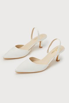 Your favorite going-out heels just dropped, and the Lulus Leith White Satin Kitten Heel Slingback Pumps are ready to get the party started whenever you are! Keep things ultra-chic with these sleek satin pumps that feature a single sole silhouette, a classy pointed-toe upper with a low-cut collar, and a slender slingback strap (with a bit of elastic at the side for fit). A trendy kitten heel completes the iconic design. 2. 5" wrapped kitten heel. Cushioned insole. Felted rubber sole has nonskid m White Heels Sandals, Shoes White Heels, Kitten Heels Wedding, White Heels Wedding, Princess Heels, Kitten Heel Wedding Shoes, Ivory Shoes, Wedding Shoes Bride, Cute Shoes Heels