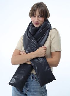 Stay warm and effortlessly stylish with our Black Women's Puffer Scarf. Measuring 6x90 inches, this long, sleek scarf is the perfect cold-weather essential. Made from windproof fabric and insulated with soft silicone padding, it offers superior warmth and protection against the winter chill. The versatile black design makes it easy to pair with any outfit, whether you're heading to work or enjoying outdoor activities. Lightweight yet highly effective at retaining heat, this scarf will keep you c Puffer Scarf, Winter Essentials, Shawls And Wraps, Black Design, Plein Air, Soft Silicone, Stay Warm, Cold Weather, Scarf Wrap