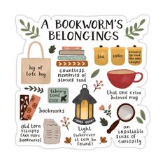 a bookworm's belongings poster with tea bags, books and other items