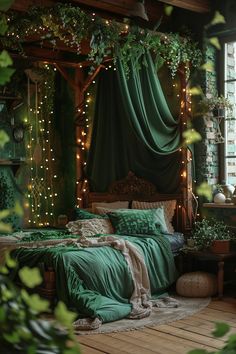 a bed with green sheets and lights in a room filled with greenery on the walls