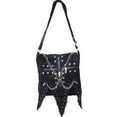 Gothic shoulder bag in black, richly decorated with chains, studs and zippers. The front of the pockets is particularly noticeable because of the zip section. It is closed by zipper and has internal further compartments. Material of solid cotton fabric. 35 cm x 35 cm. Gothic Bags With Zipper Closure For Alternative Style, Gothic Bags With Zipper Closure For Alternative Fashion, Black Shoulder Bag With Zipper For Alternative Fashion, Black Shoulder Bag For Alternative Fashion With Zipper Closure, Alternative Style Shoulder Bag With Zipper, Alternative Style Shoulder Bag With Zipper Closure, Gothic Black Shoulder Bag With Rivets, Black Gothic Shoulder Bag With Rivets, Gothic Bags With Zipper Closure For Concerts