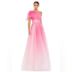 Mac Duggal Glitter Ombre Ruffled One Shoulder Ballgown Pink Nwt Size 2 Mac Duggal Glitter-Flecked Ombr Tulle Overlay; 100% Polyester Lining Fully Lined Through Body Asymmetric One Shoulder Neckline Single Ruffled Flutter Sleeve Pleated Bodice And Cummerbund Concealed Side Zipper Bust Cups Approx. 62.5" From Top Of Shoulder To Bottom Hem Available In Hot Pink/Ombre And Royal/Ombre Style #20377 Mermaid Ball Gown, Floral Print Gowns, Mac Duggal Dress, Cap Sleeve Gown, Ruffle Prom Dress, Tulle Long Skirt, Tulle Balls, Prom Dresses Elegant, Ombre Fashion