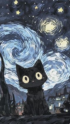 a black cat sitting on top of a wooden table under a night sky filled with stars