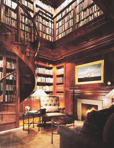 a living room filled with lots of books next to a fire place under a spiral staircase