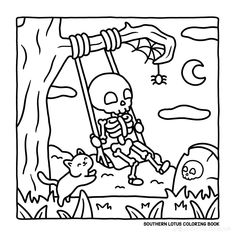 a coloring page with a cartoon skeleton on a swing in the woods, and an image of