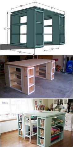 the plans for an office desk are shown in two different views, one with shelves and drawers