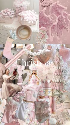 a collage of pink and white images with snowflakes, hearts, trees, and other items