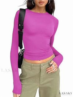 Lasaky - Stylish Slim Fit Cropped Long Sleeve Shirt Mode Purple, T Shirt Crop Top, Legging Jeans, Legging Outfits, American People, Womens Long Sleeve Shirts, Mid Dresses, Mid Length Dresses, Love T Shirt