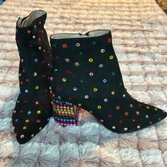 Betsey Johnson Colorful Boots Size 6.5 No Box Multicolor High Heel Party Boots, Multicolor Round Toe Boots For Party, Multicolor Round Toe Heeled Boots For Party, Multicolor Pointed Toe Party Boots, Multicolor Ankle Boot Heels For Fall, Trendy Multicolor Party Boots, Multicolor Closed Toe Boots For Party, Multicolor Round Toe Boots For Evening, Multicolor Round Toe Evening Boots