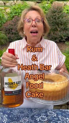 an older woman holding a bottle of rum and eating angel food cake with the caption run & health bar angel food cake