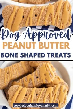 peanut butter bone shaped treats in white bowls with text overlay that reads, dog approved peanut butter bone shaped treats