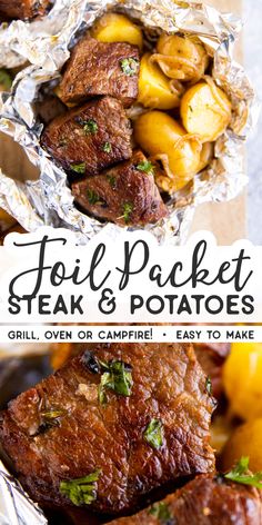 foil packet steak and potatoes with text overlay