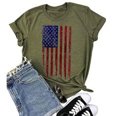 It's Very Cool And Fashionable To Wear Outside, Special For The Summertime Beach Musical Festival. Fall, Spring, Summer, Best Pair It With Shorts And Gladiator Sandals, Sneakers Or Western Boots. Great For 4th July Usa Flag Patriotic Top Package Include: 1 American Top Patriotic Stars And Stripes Top Short Sleeve. New Patriotic T Shirts, Stripes Top, Summer Graphic Tee, Usa Patriotic, American Flag Shirt, Flag Shirt, Stars And Stripes, Women's Summer Fashion, Striped Tee