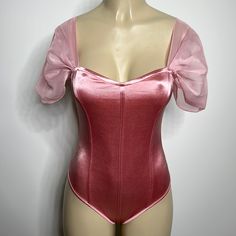 Shein Size 4 Small Pink Satin Bodysuit With Sheer Puff Sleeves Nwot Fitted Pink Bodysuit With Lined Body, Stretch Bodysuit With Puff Sleeves, Stretch Puff Sleeve Bodysuit, Feminine Pink Bodysuit For Party, Feminine Pink Party Bodysuit, Satin Bodysuit, Tops Shein, Simple Fall Nails, Shein Tops