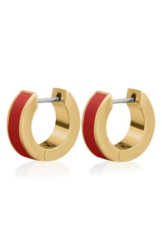 Easy-to-wear hoop earrings will add significant polish to even your most casual ensembles. 1/2" drop Hinge with snap-post closure Goldtone plate/enamel Imported Red Small Hoop Metal Jewelry, Modern Small Red Hoop Earrings, Red Enamel Hoop Earrings Gift, Modern Red Hoop Earrings, Nickel-free Red Hoop Earrings, Huggie Hoop Earrings, Gold Hoops, Central Park, Red Heart