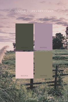 the color scheme is in shades of pink, green and purple with an image of a field