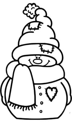 a black and white drawing of a snowman wearing a hat, scarf and mittens