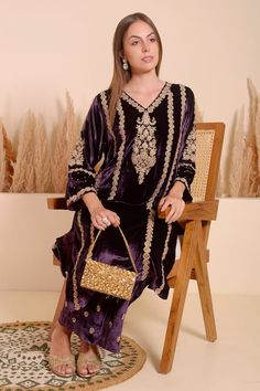 Plum purple three fourth flared sleeves velvet A-line kurta with vintage flora gold tone embroidery and tonal sequins encrustments detail. Paired with a matching sequin bloom butti pant. - Aza Fashions V Neck Kurta, Velvet Kurta, Match Velvet, Pant For Women, A Line Kurta, Kurta With Pants, Velvet Color, Velvet Pants, Purple Velvet