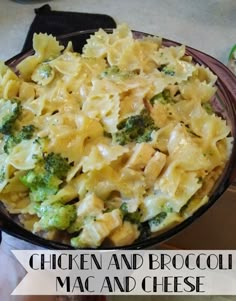 chicken and broccoli mac and cheese casserole is shown in a bowl