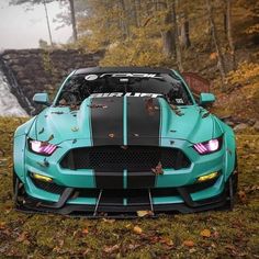 a blue and black car parked on top of a lush green field next to a waterfall