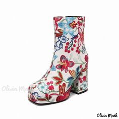 Olivia Mark - Vintage Embroidered Flower Ankle Boots with Chunky Heels and Square Toes - Short Tube Retro Riding Boots Floral Ankle Boots, Light Brown Boots, Rough Heels, Floral Heels, Womens Stilettos, Square Head, Chunky High Heels, Casual Sport Shoes, Western Cowboy Boots