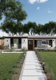 an artist's rendering of a modern house with grass and trees in the background