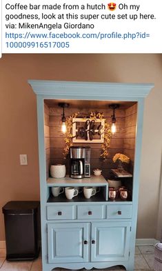 a coffee bar made from a hutch