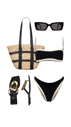 Black and cream block bikini. Wicker tote with black leather accent and straps. Black sandal with gold detail. Elegant Summer Beach Outfits, Classy Pool Outfit, Casual Pool Party Outfit, Elegant Beach Outfit, Outfits Bikinis, Party Outfit Black, Classy Swimsuit, Classy Swimwear, Elegant Swimsuit