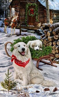 two white dogs sitting in the snow next to a sleigh and log cabin